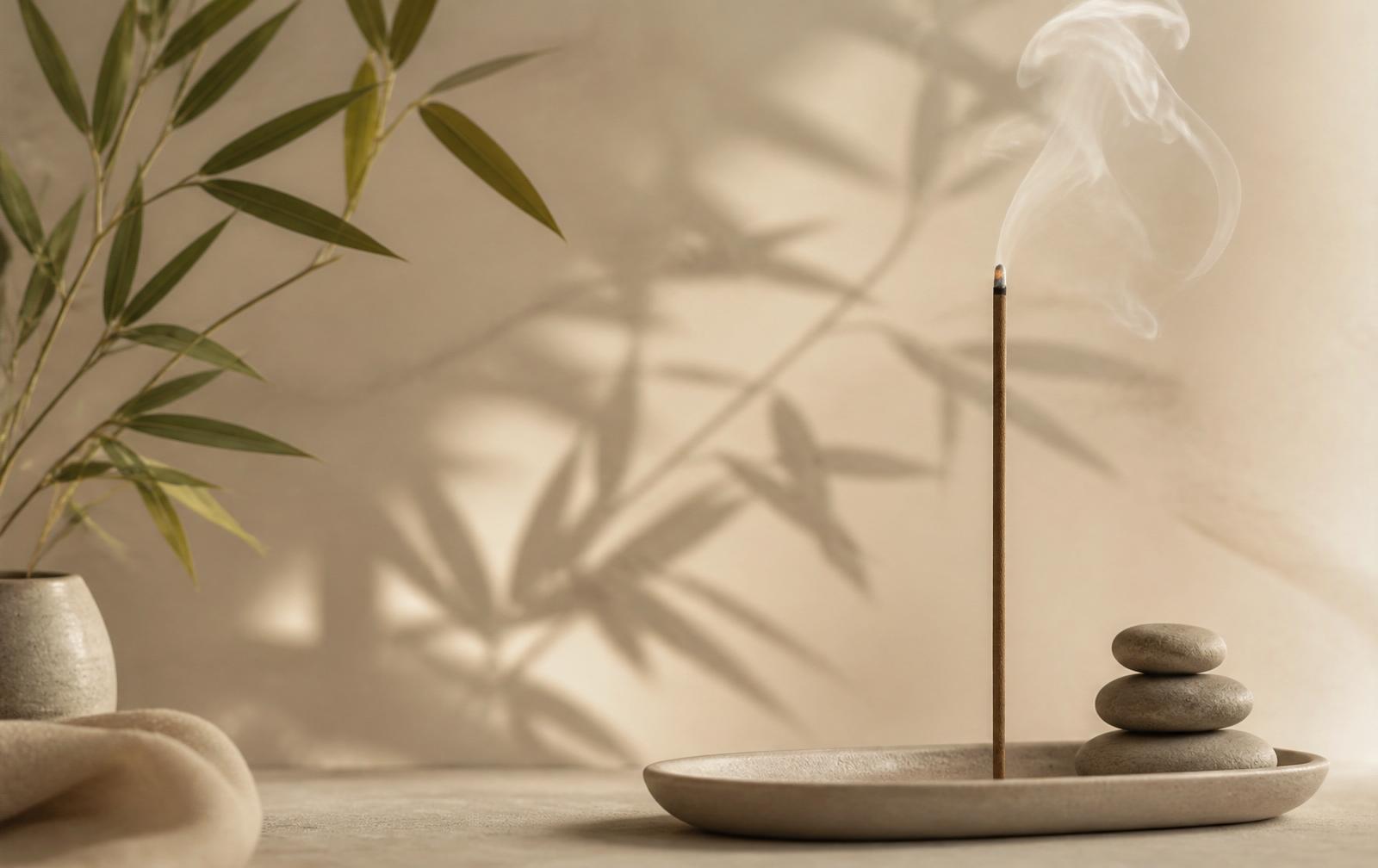 Ambiente sereno com bambu, pedras zen e incenso